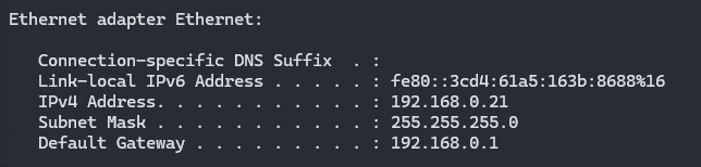 Output of the ipconfig command in a terminal
